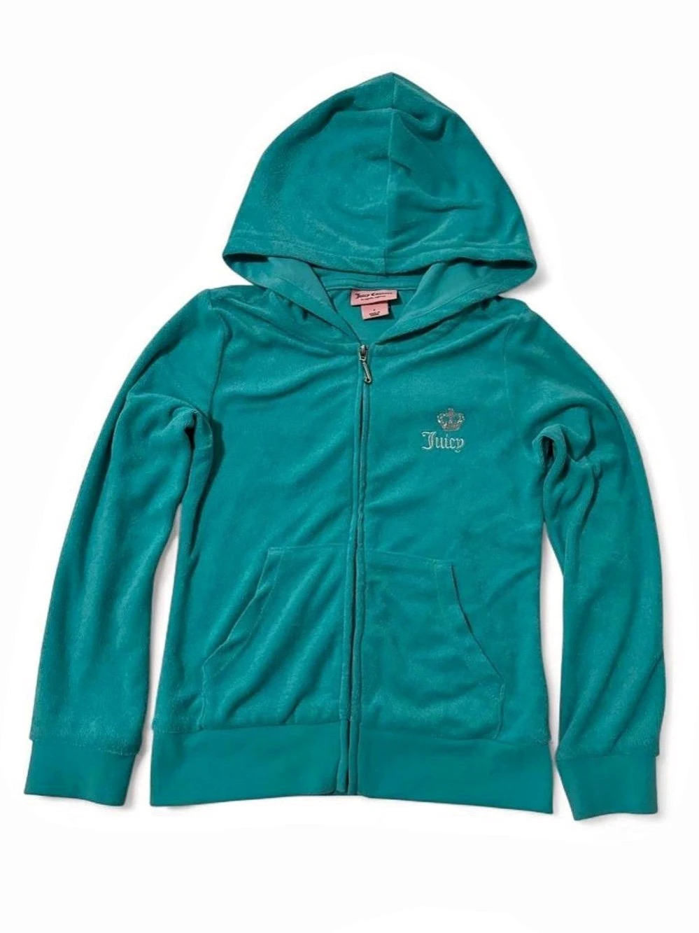Juicy Couture Girls Size 7 Y2K Rhinestone Terry Zip Hoodie Turquoise